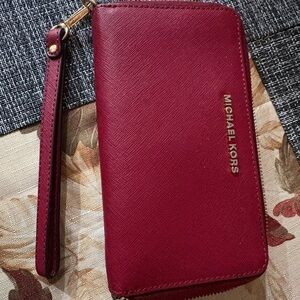 Michael Kors Burgundy Wristlet with Gold Accents